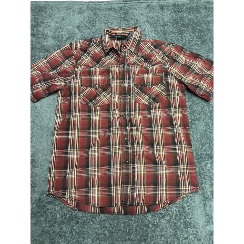 Harley Davidson Pearl Snap Shirt Men’s Large red Plaid Biker Motorcycle